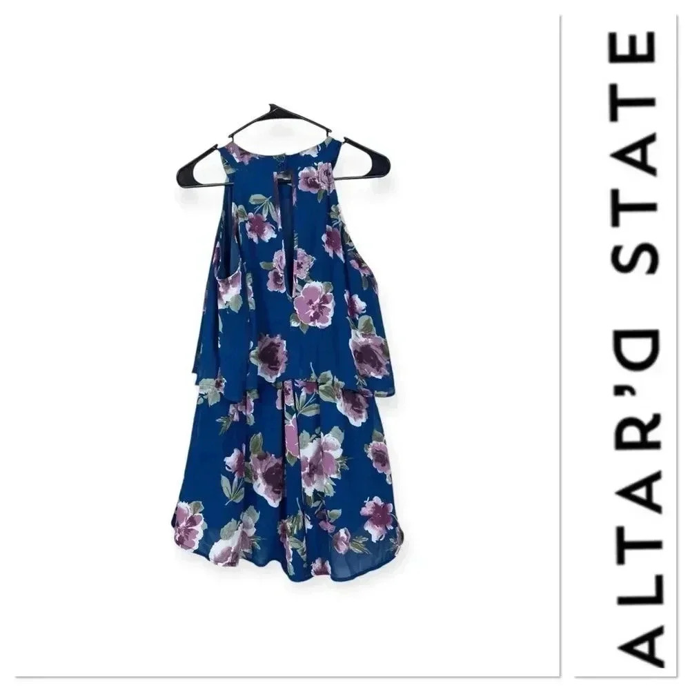 Altar'd State blue floral print sleeveless romper size medium